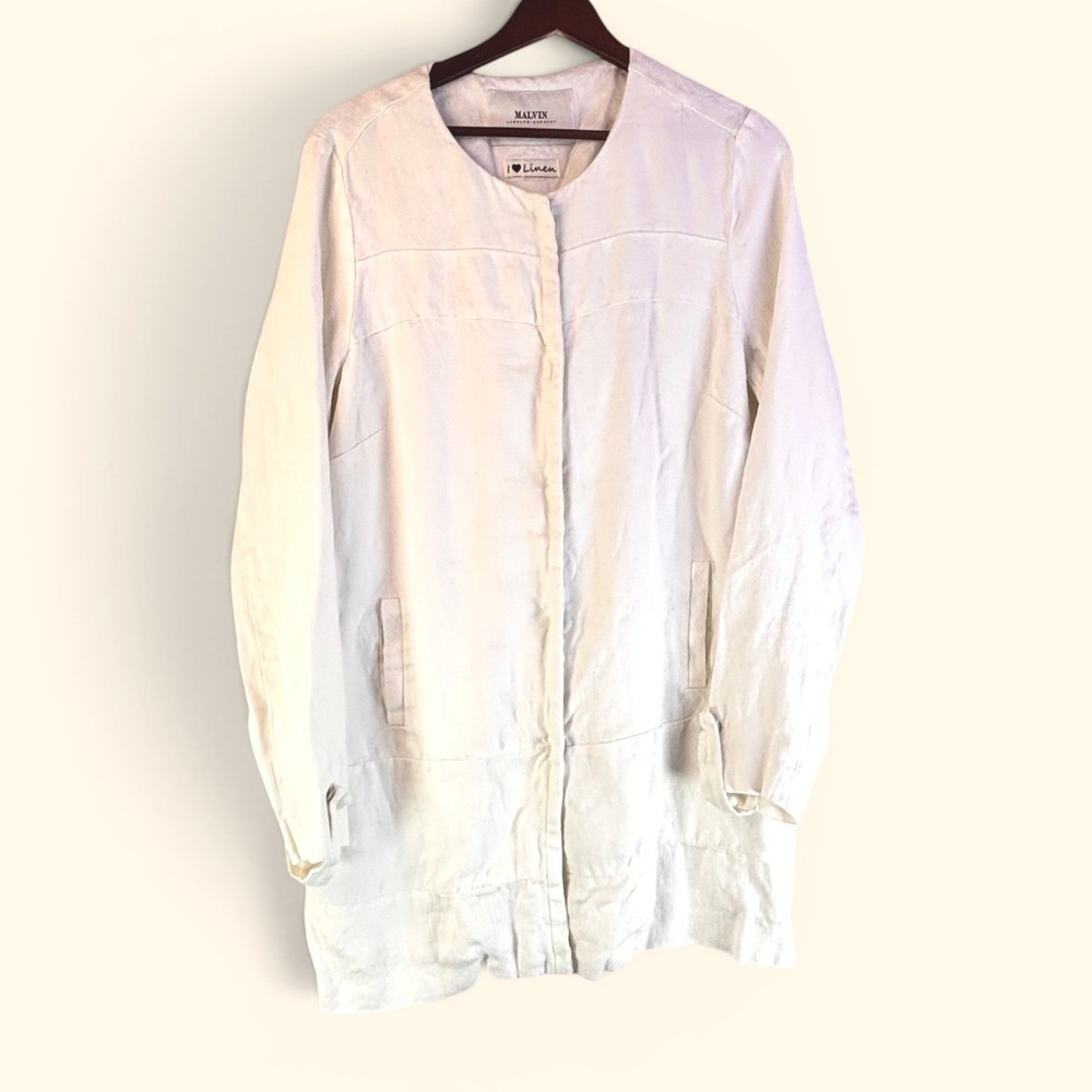 Vintage Malvin Hanburg White 100% Linen Longline Jacket M/L Lagenlook Minimalist